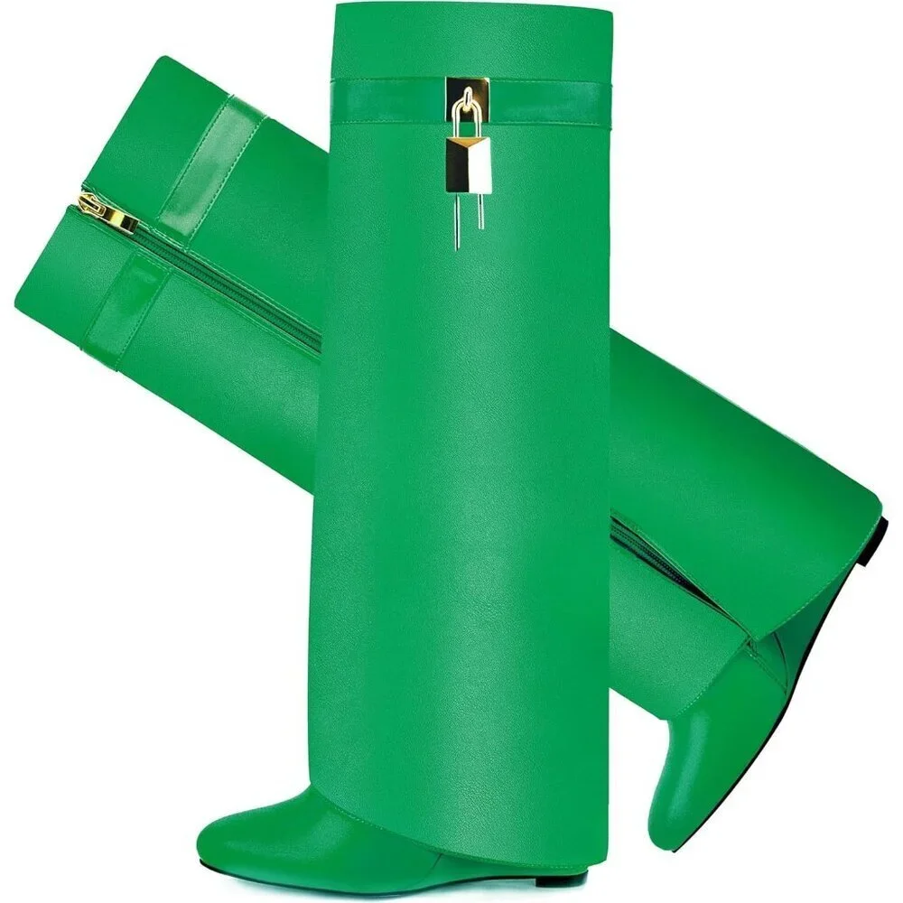 Women Faux Leather Green Pull-on Wedge Heel Knee Shark Padlock Design Boot
